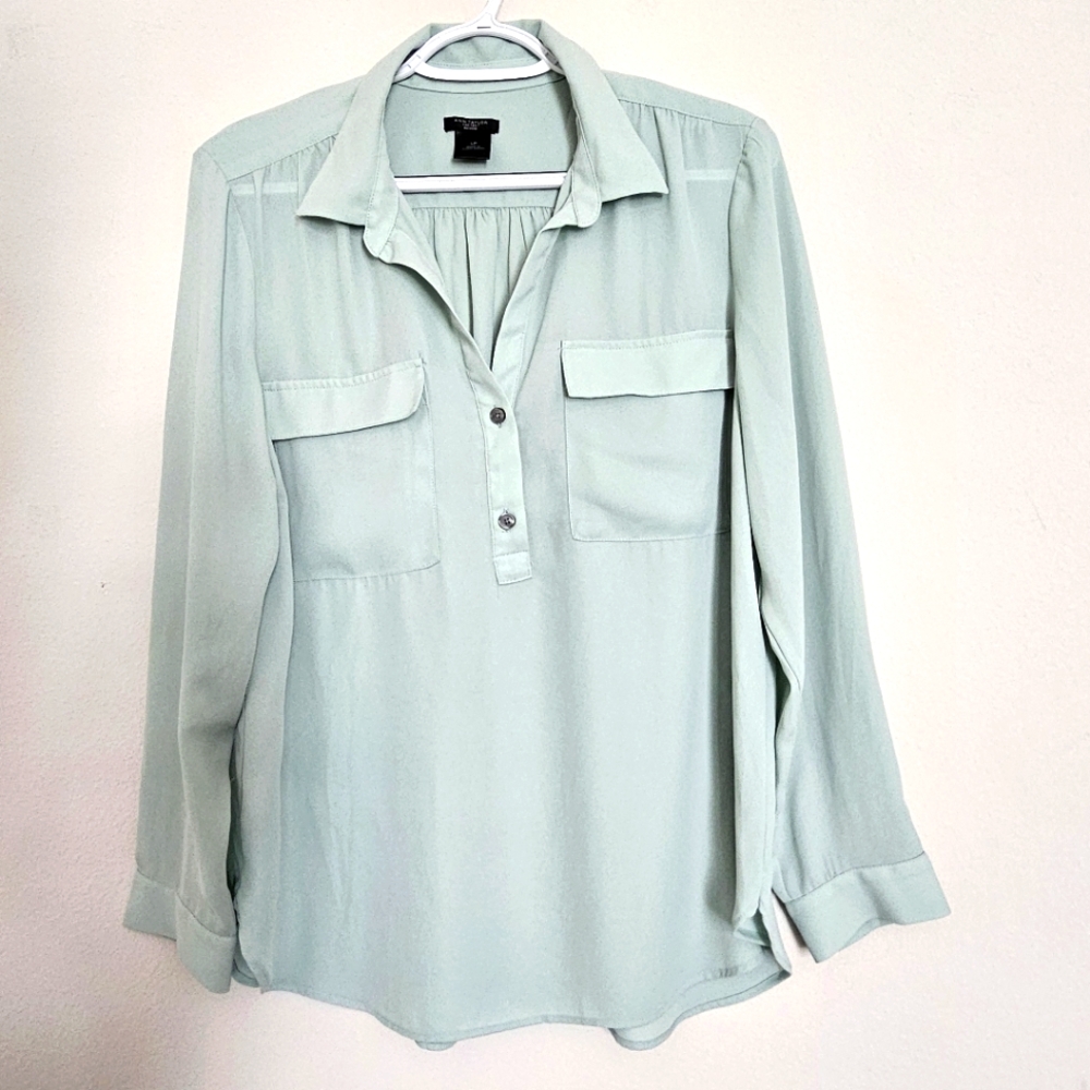 Ann Taylor Factory Double Front Pocket Vneck Chiffon Long Sleeve Blouse Office